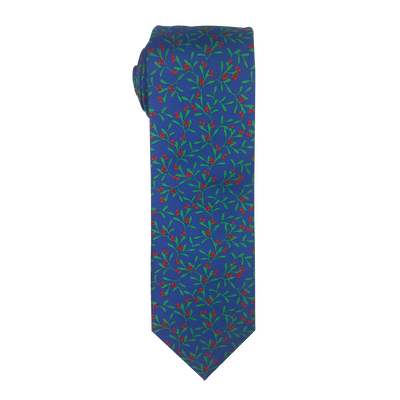 Blue Polyester Necktie with Red Berries, , large