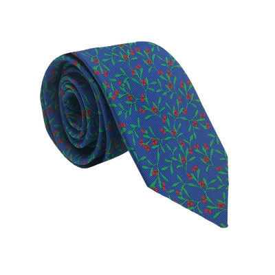 Blue Polyester Necktie with Red Berries