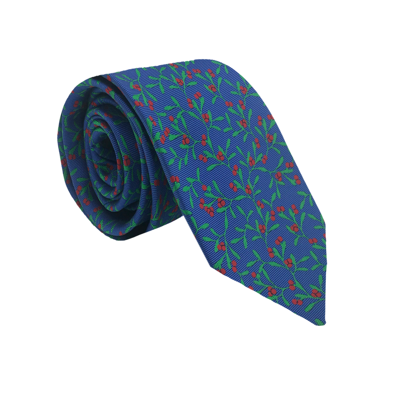 Blue Polyester Necktie with Red Berries, , large image number 0