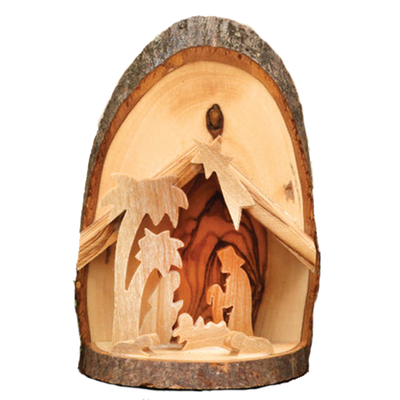 Jerusalem Carved Bark Slice Olive Wood Nativity